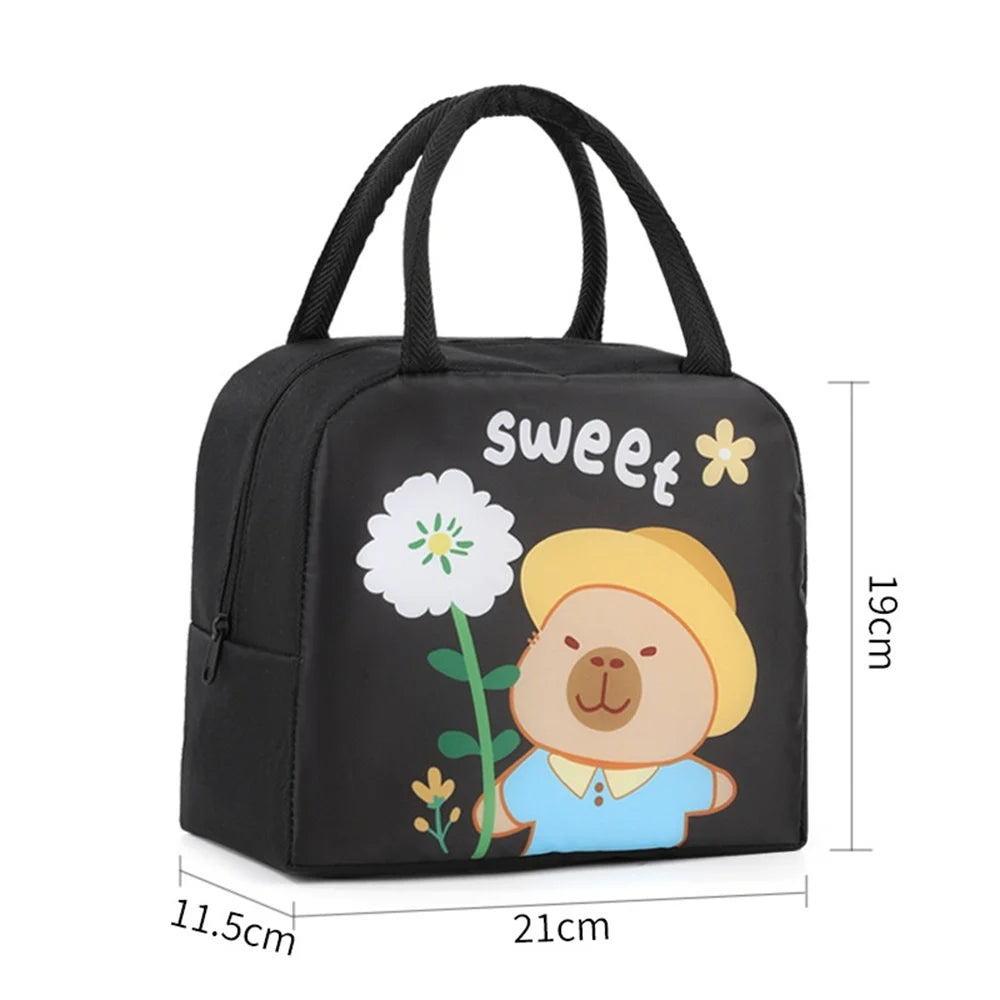 Black kawaii bag with cartoon bear and flower design, labeled 'sweet', on a white background.