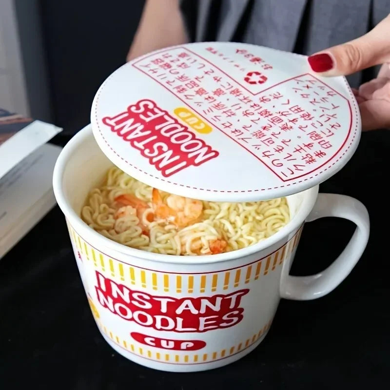 A woman placing a lid on an instant noodles kawaii ramen bowl