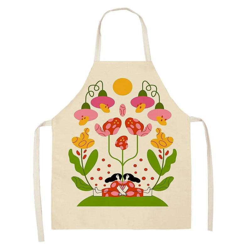 Beige kawaii apron with colorful floral design on a white background