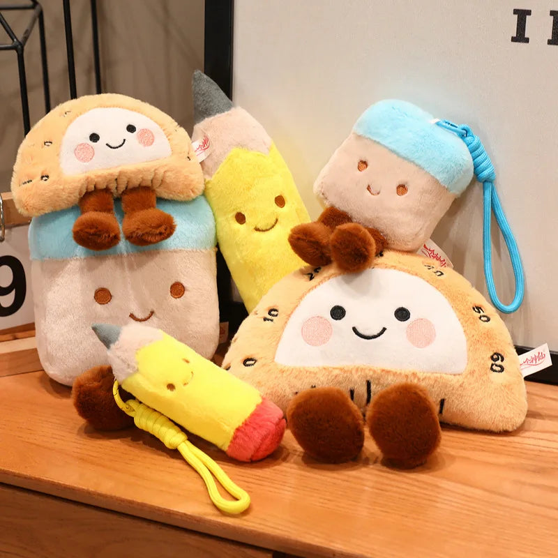 Set of kawaii plush toys resembling cartoon characters on a wooden surface.