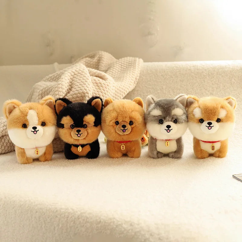 Five kawaii plush dog toys in different colors and designs on a light surface.