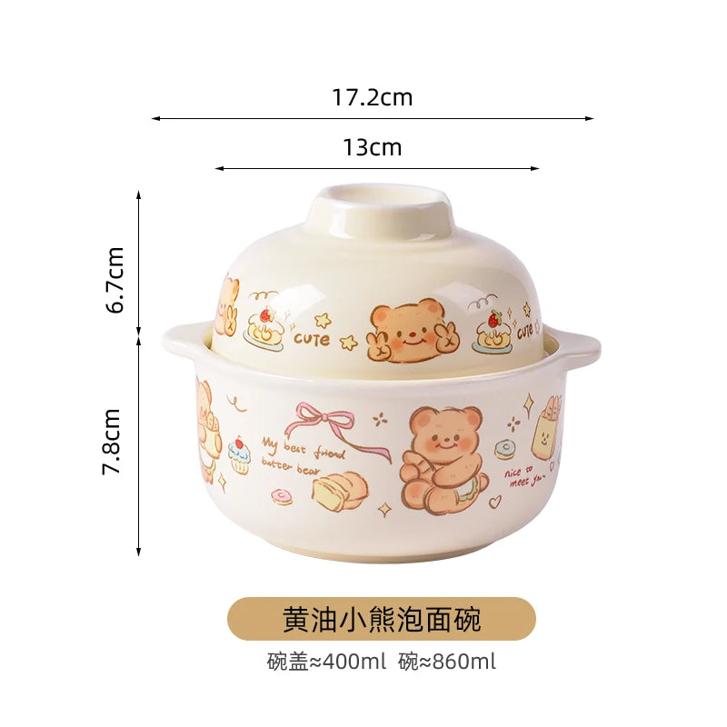 Ceramic kawaii ramen bowl with lid featuring teddy bear design and measurements on a white background