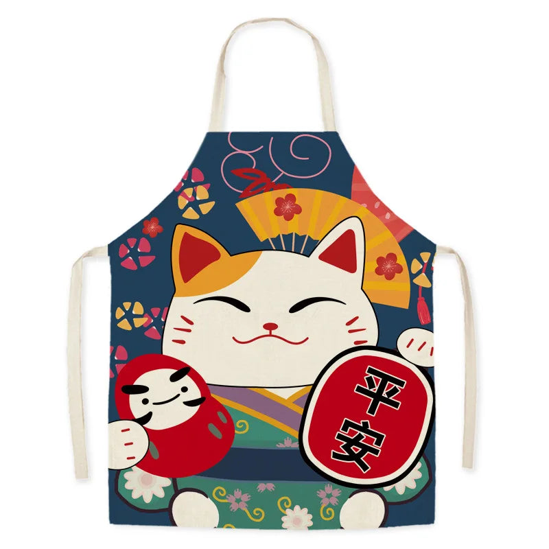 Kawaii apron with a cartoon cat design on a blue background