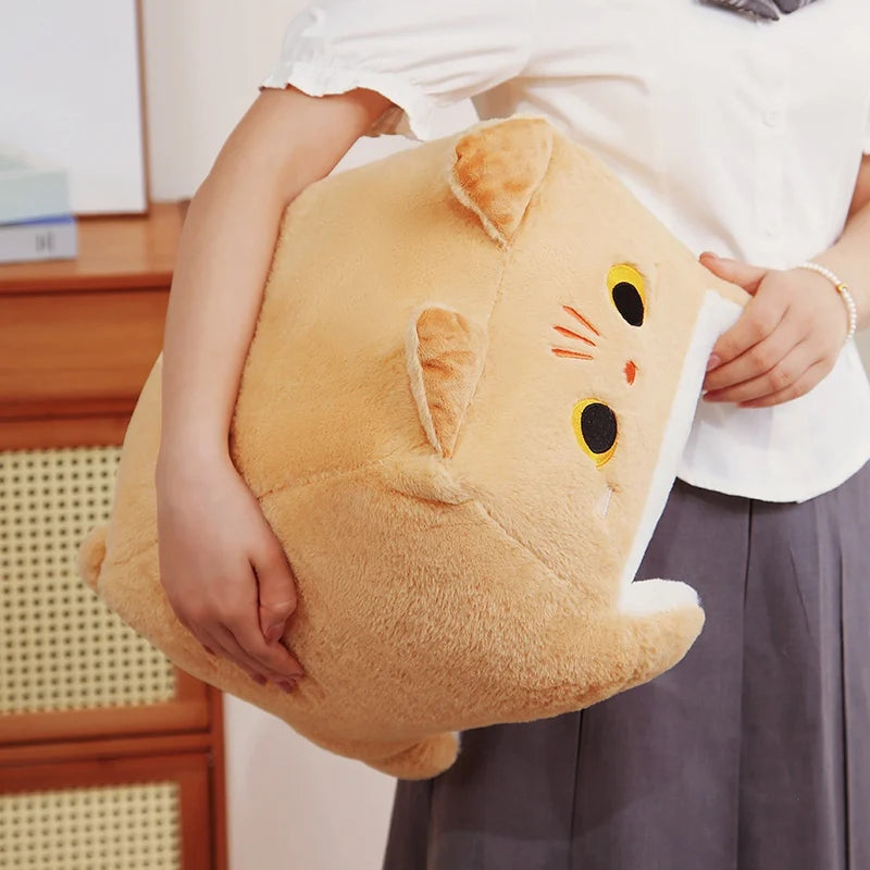 Person holding a kawaii plush cat pillow in a room with a wooden cabinet and white wall.