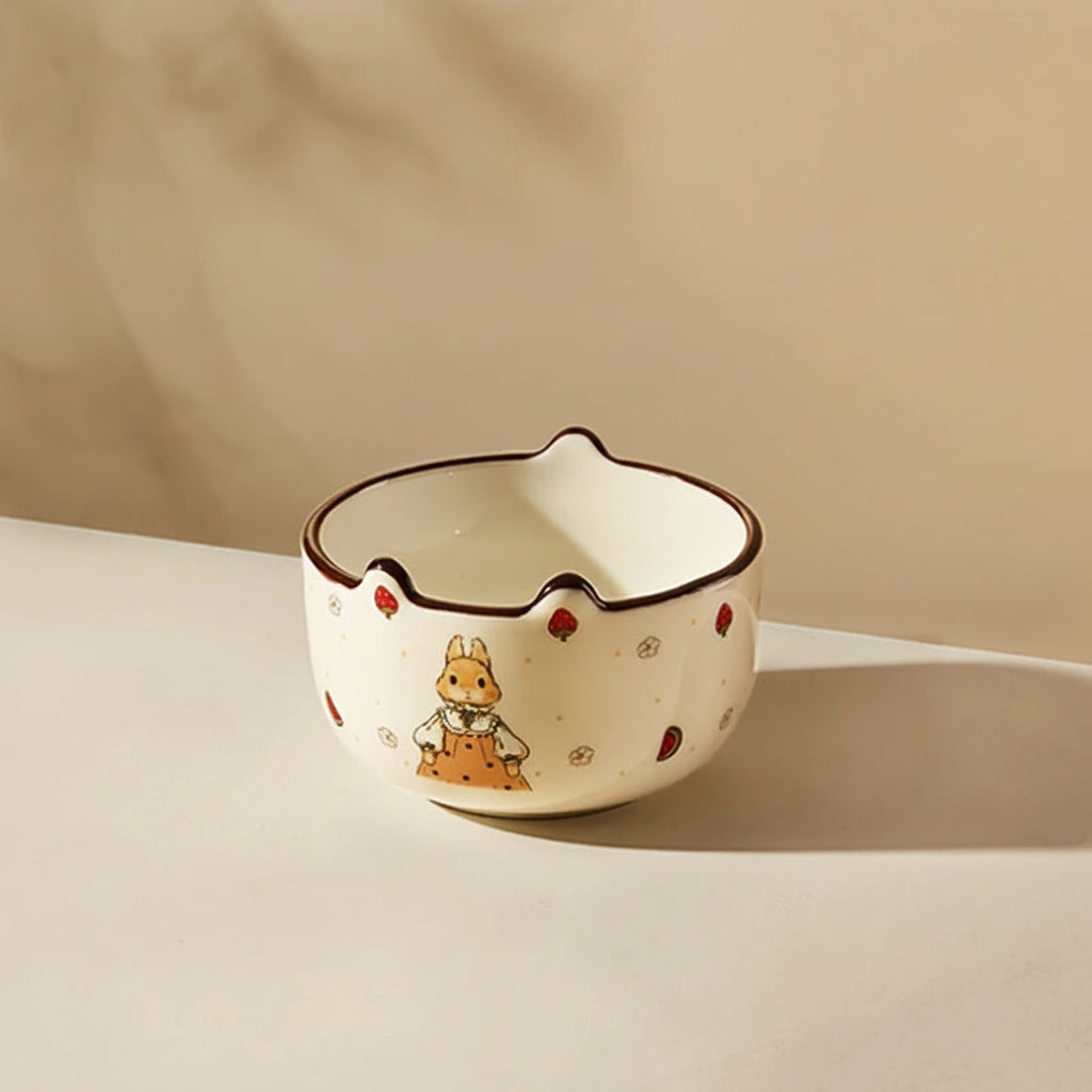 Ceramic ear kawaii ramen bowl with measurements and capacity details on a beige background