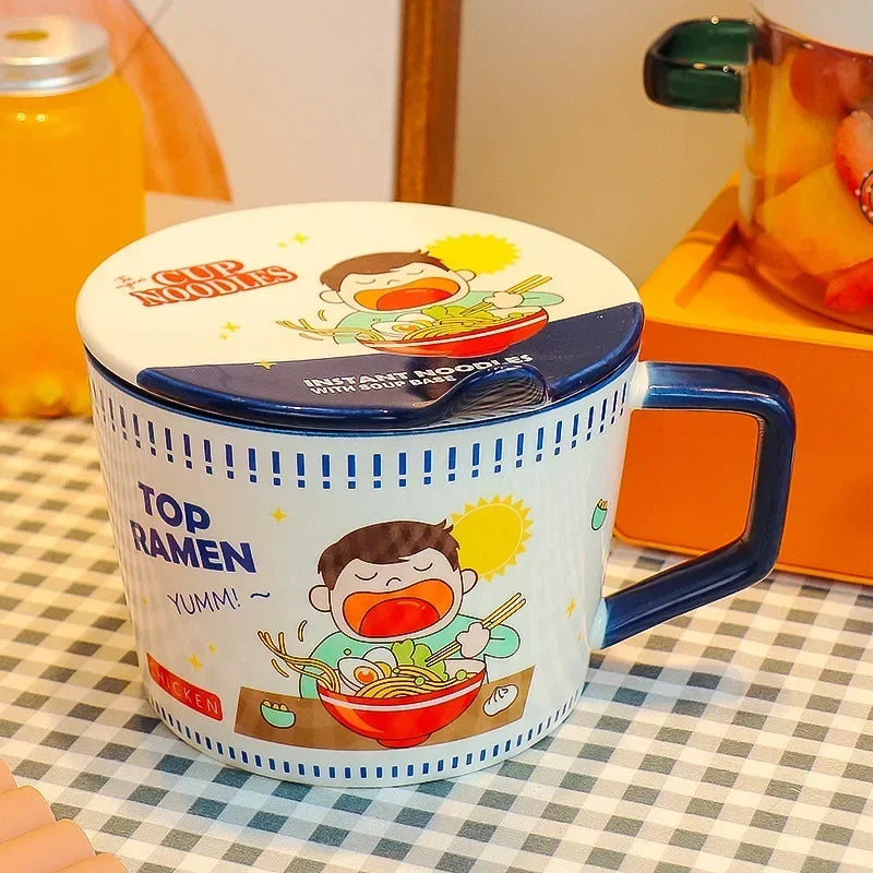 Ceramic kawaii ramen bowls with cartoon design on a checkered tablecloth