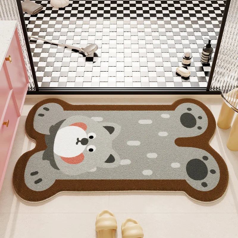 Dog bone-shaped kawaii rug with cartoon design on a checkered floor