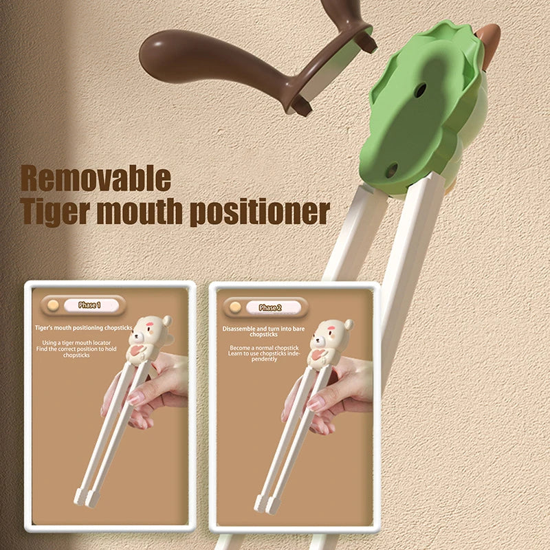 Removable tiger mouth positioner with kawaii chopsticks on a beige background