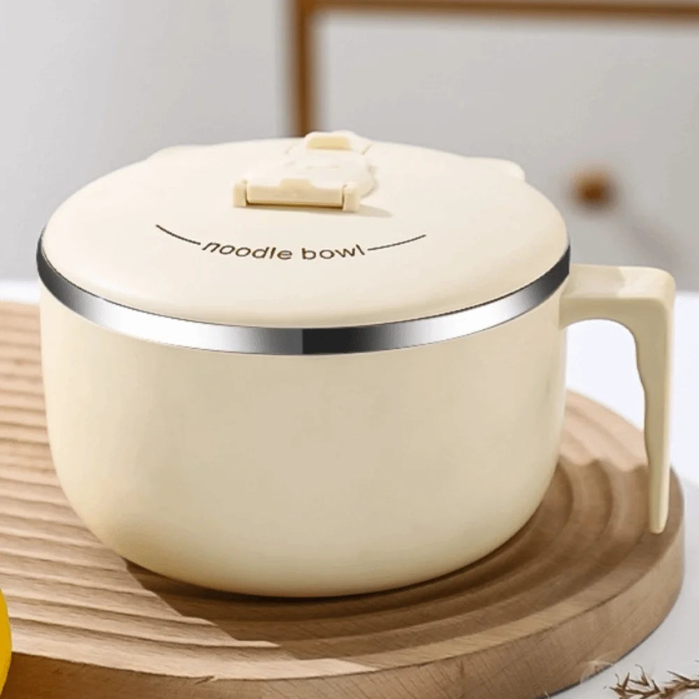 Beige ceramic noodle kawaii ramen bowl with lid on a wooden surface