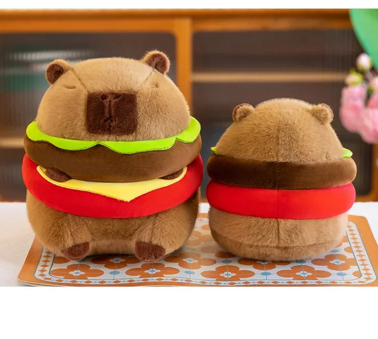 Two kawaii plush toys shaped like bears in hamburger and hot dog costumes on a decorative mat.