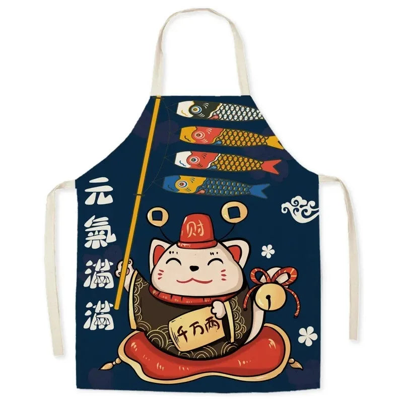 Decorative apron with a Kawaii cartoon cat, fish, and Chinese characters on a blue background