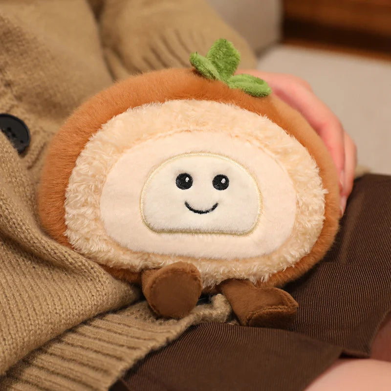 Kawaii plush toy resembling a cartoonish apple with a smiling face held by a person.