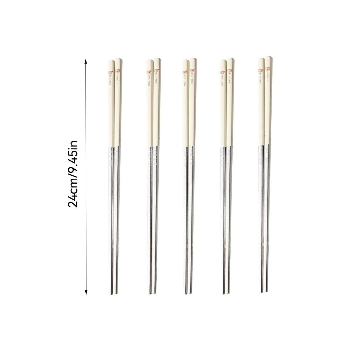 Set of six metal kawaii chopsticks with measurement details on a white background