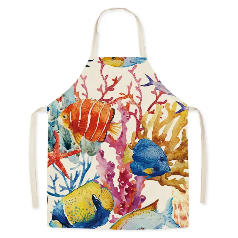 Colorful kawaii apron with fish and coral design on a white background