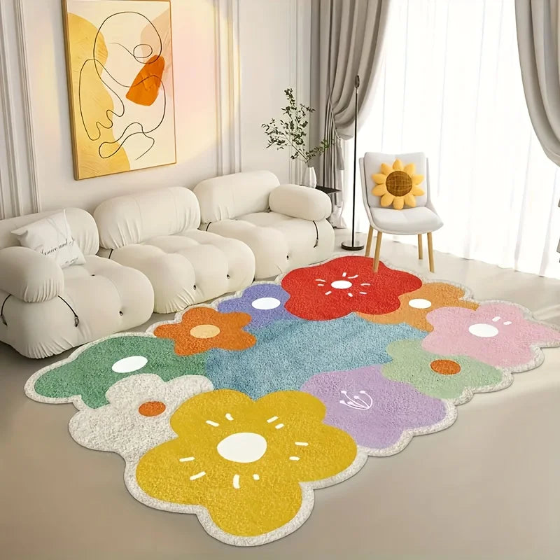 Colorful floral kawaii rug in a living room with a white sofa and decorative pillows.