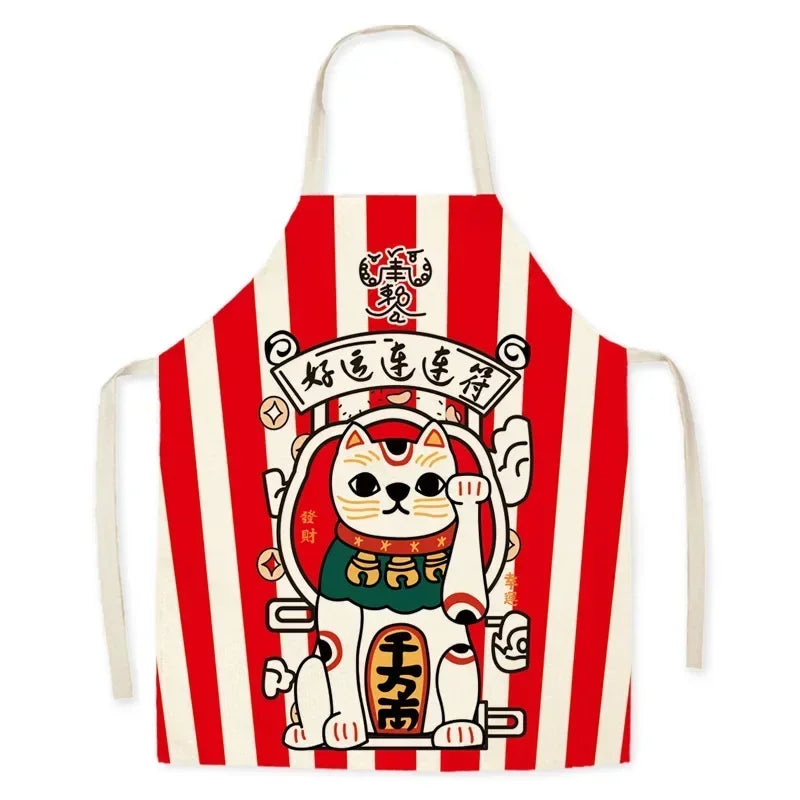 Kawaii apron with red and white stripes and a cat graphic on a white background
