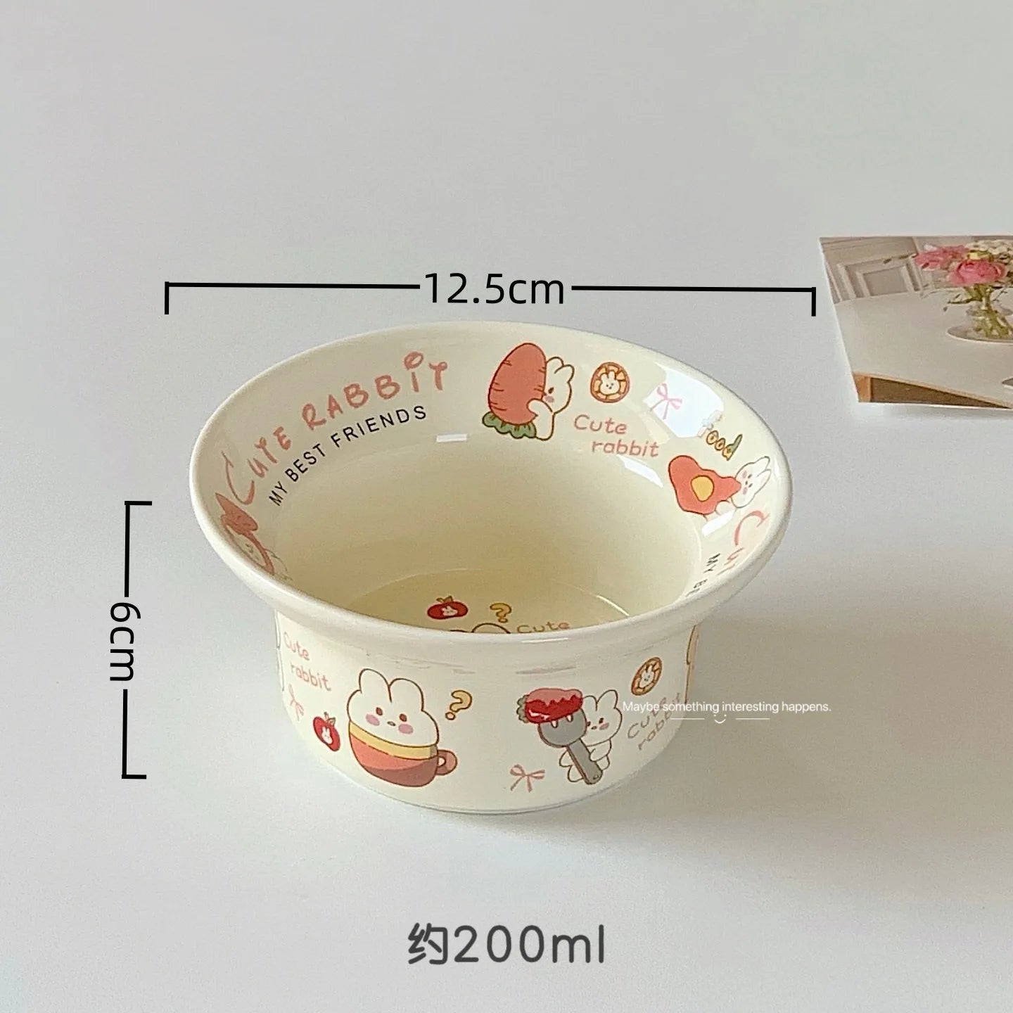 Cute rabbit-themed ceramic kawaii ramen bowl with measurements and capacity text on a white background