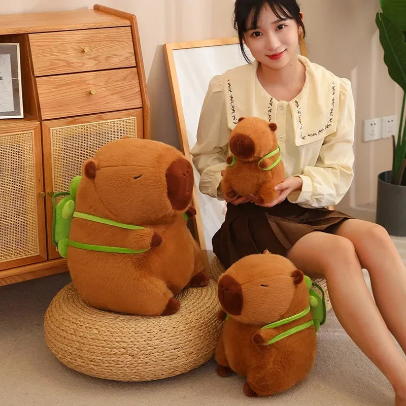Woman holding a kawaii plush bear toy in a room with wooden furniture and a plant.
