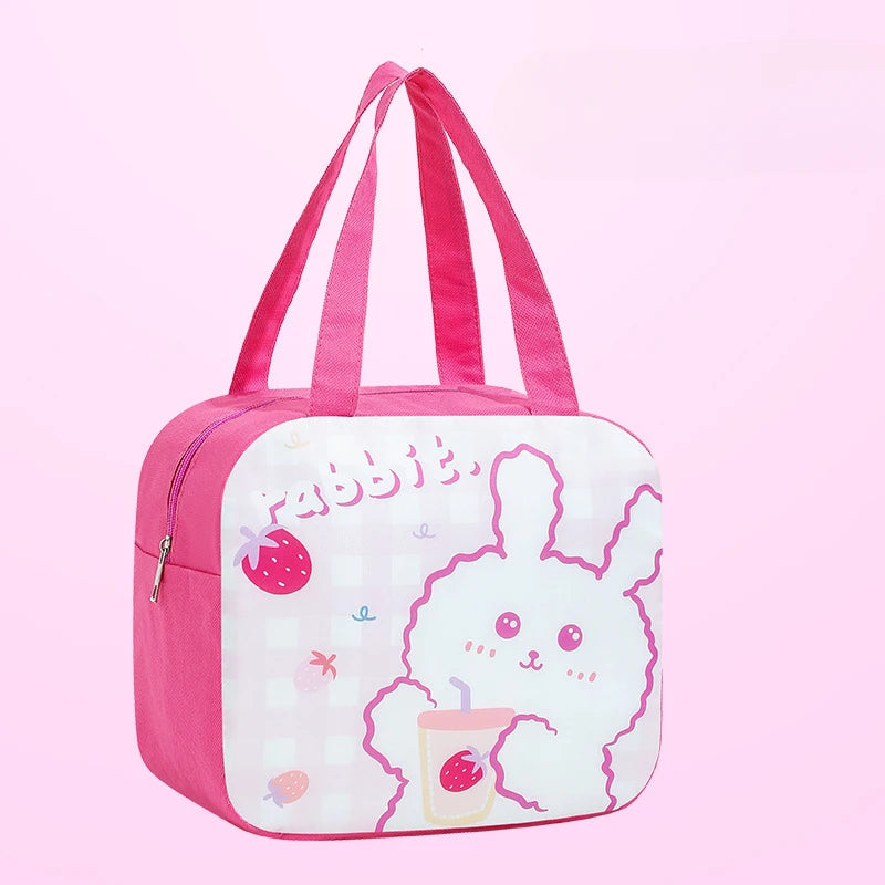 Pink kawaii tote bag with a cartoon rabbit design on a pink background