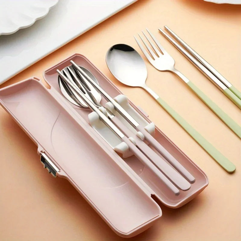 A set of pink and steel kawaii utensils