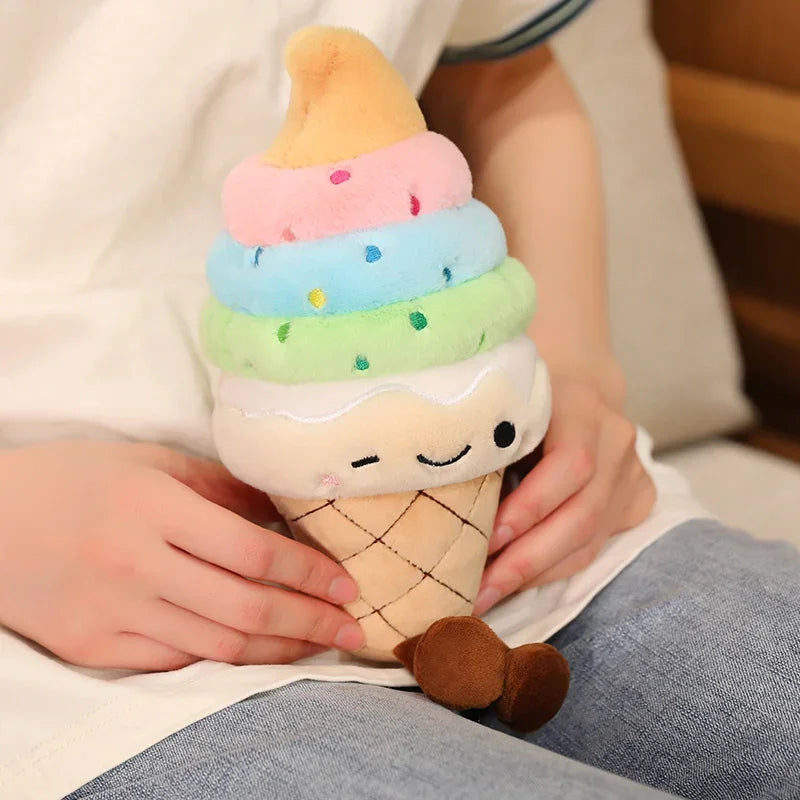 Kawaii plush ice cream cone toy held by a person with a soft focus background