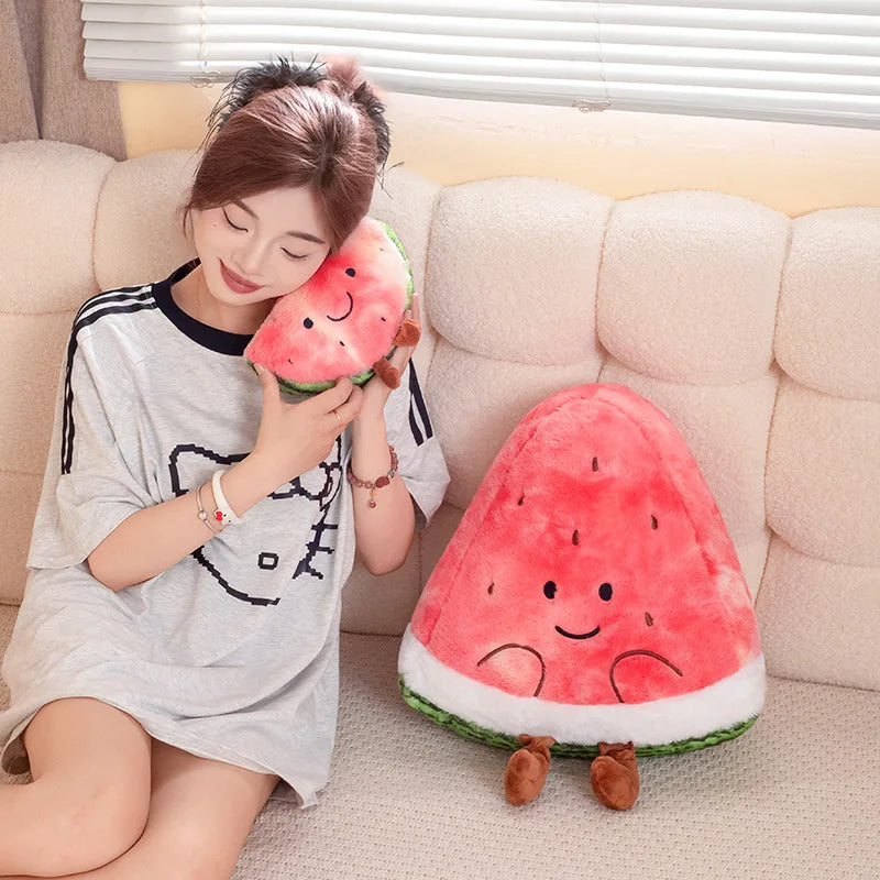 Woman holding a watermelon-shaped kawaii plush toy on a couch