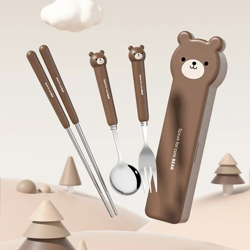 Set of bear-themed kawaii utensils with a carrying case on a neutral background