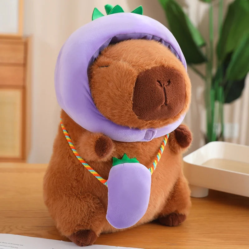 Kawaii plush toy resembling a dog with a purple helmet on a wooden surface