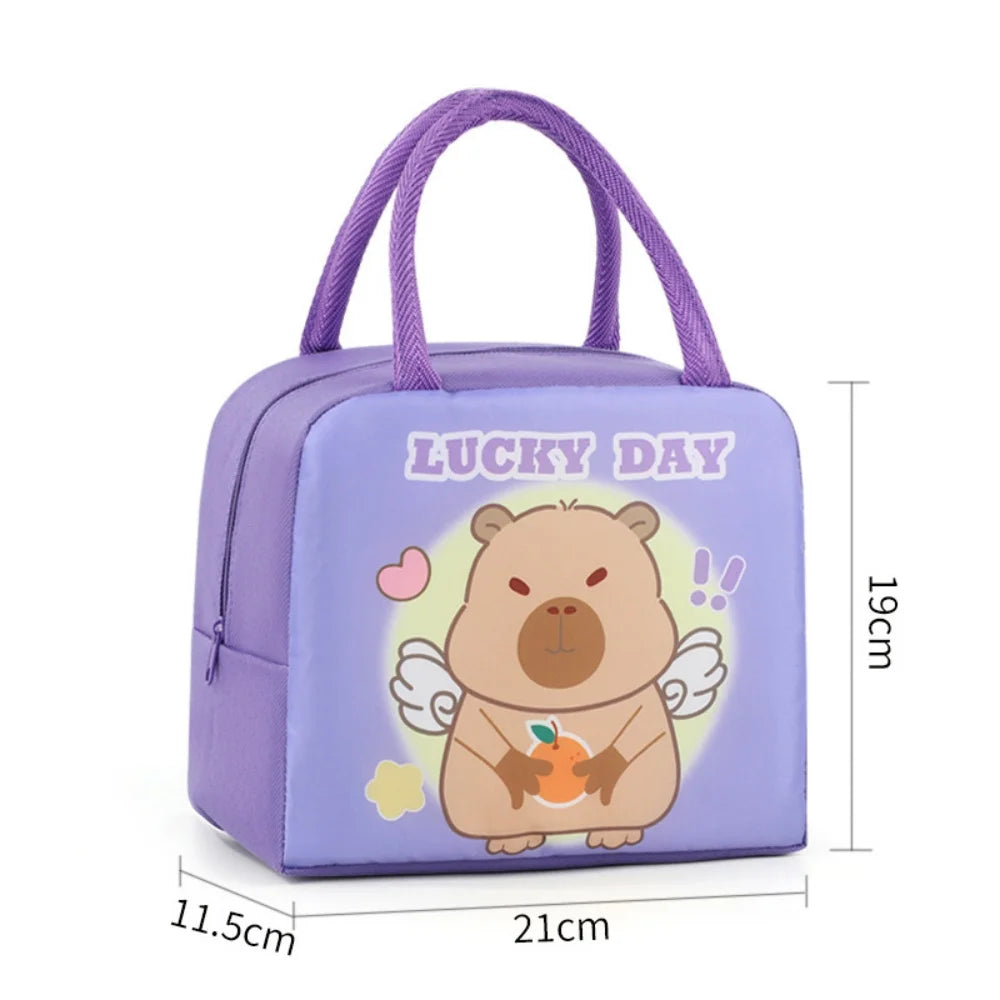 Purple kawaii lunch bag with cartoon bear design and 'Lucky Day' text, dimensions indicated.