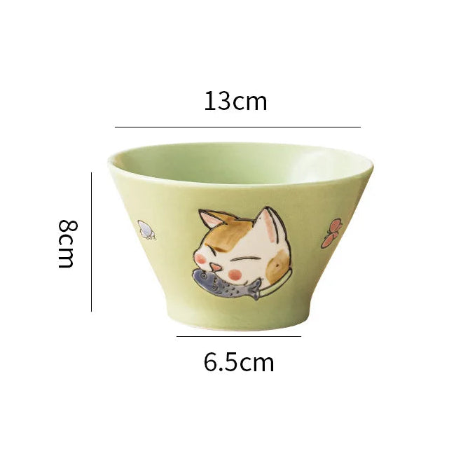 A cat design kawaii ramen bowl on a white background