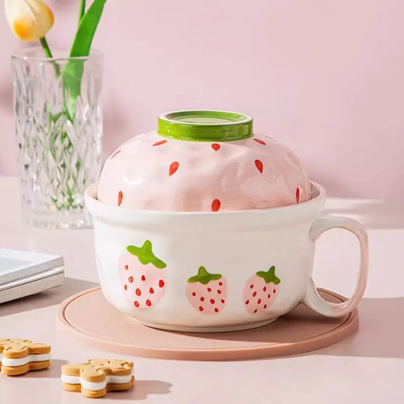 A strawberry shaped kawaii bowl with pink lid