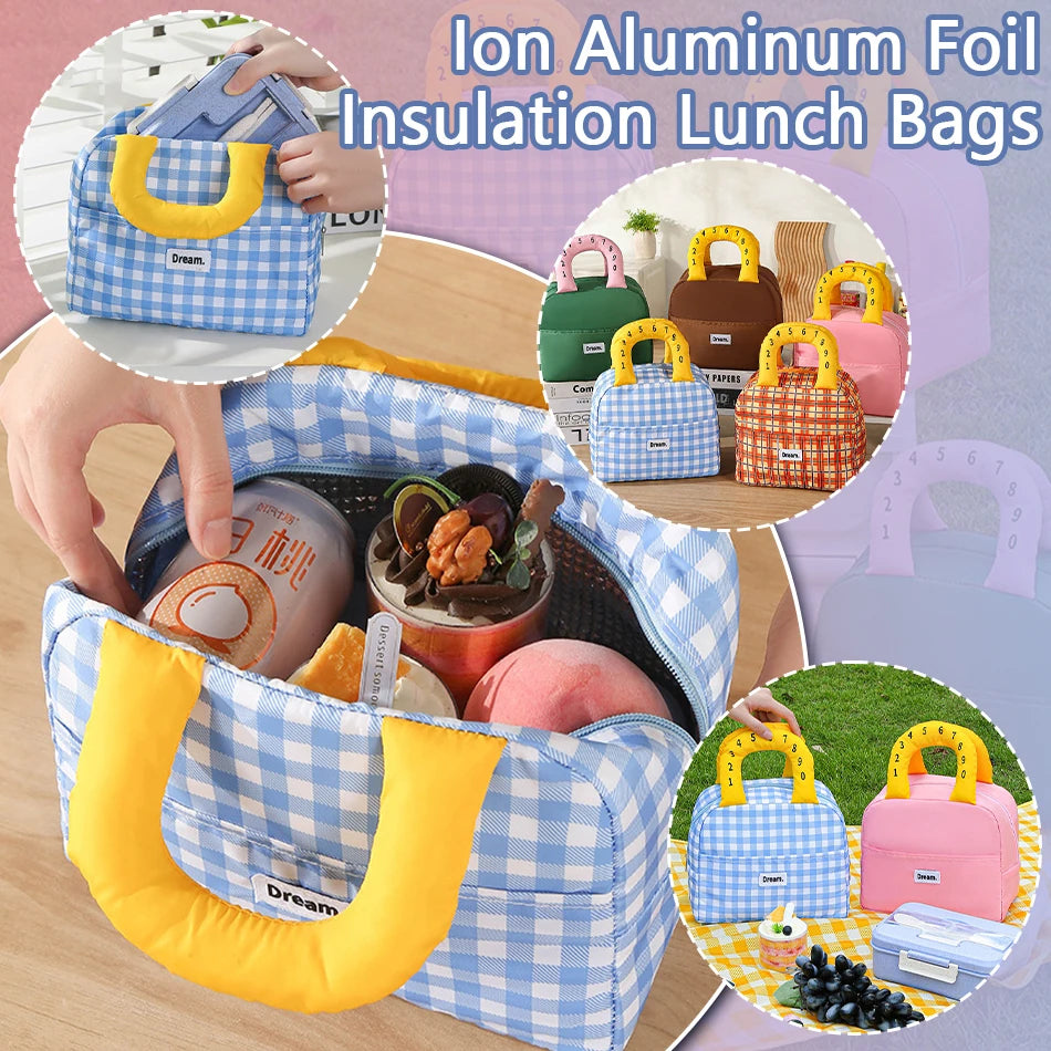 Colorful insulated kawaii lunch bags with checkered pattern and yellow handles on a wooden surface.