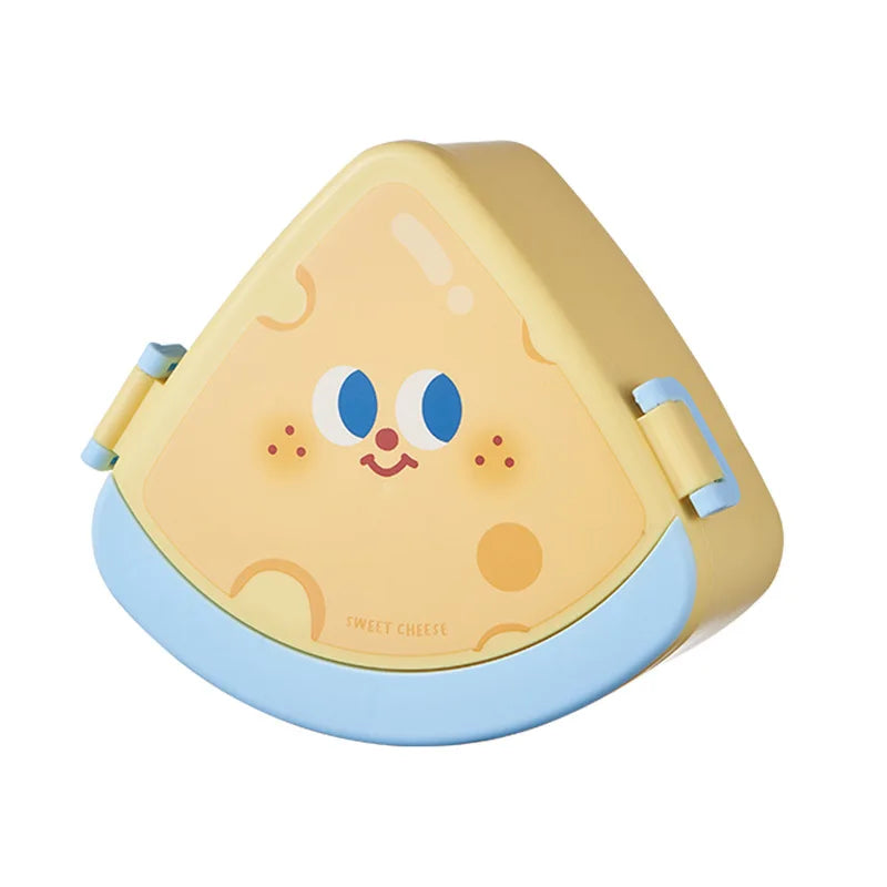 Cheese-shaped kawaii container with a cartoon face on a white background