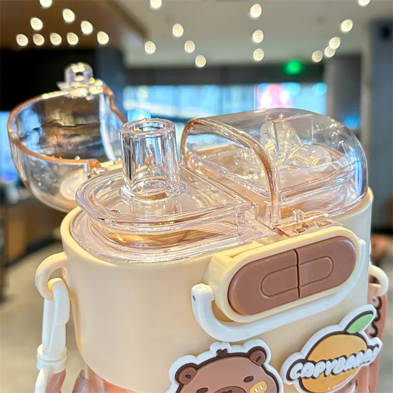 Children's kawaii water bottle with a transparent lid and cartoon character on a blurred background