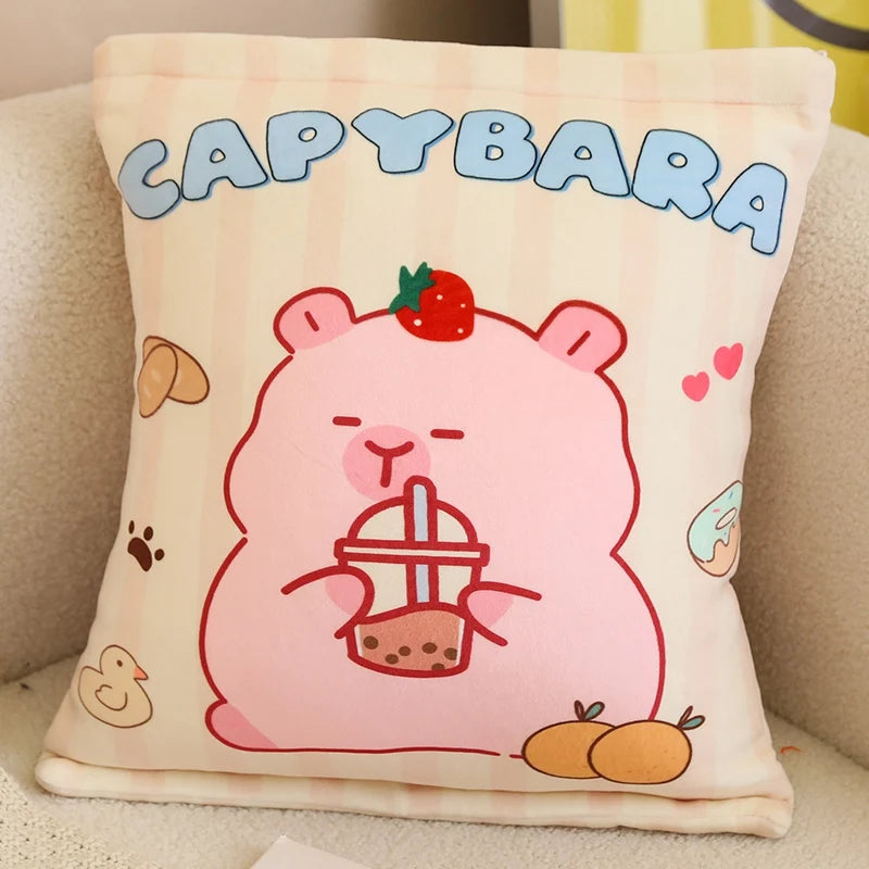 Capybara-themed kawaii pillow with cartoon design on a beige couch