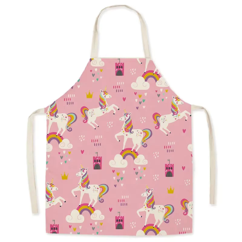 Children's kawaii apron with unicorn and rainbow pattern on a pink background