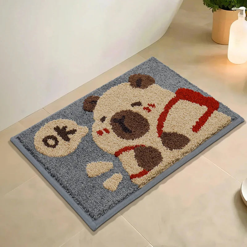 Doormat with cartoon dog kawaii design on a tiled floor