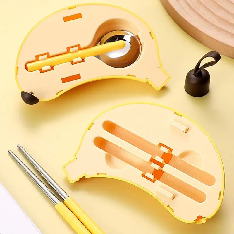 The inside of a kawaii utensils banana shaped case