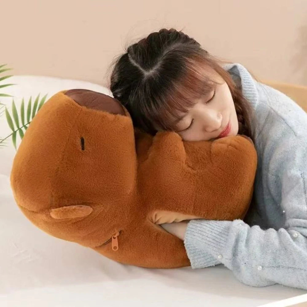 Person using a brown kawaii plush toy