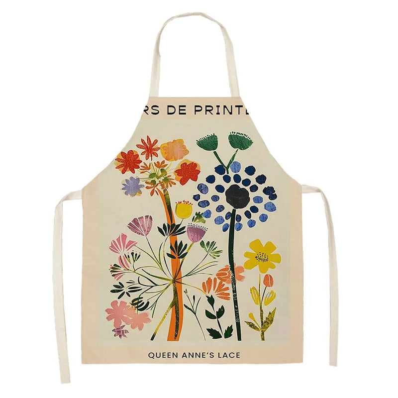 Beige kawaii apron with colorful floral design on a white background