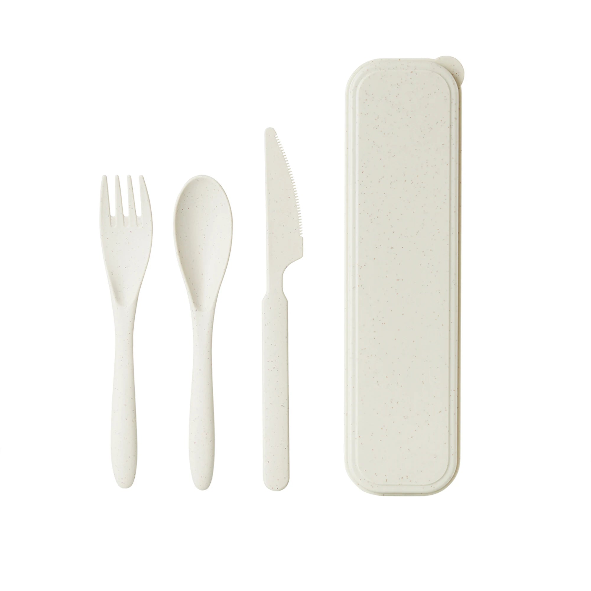 Set of white kawaii utensils including fork, spoon, and knife with a case on a white background