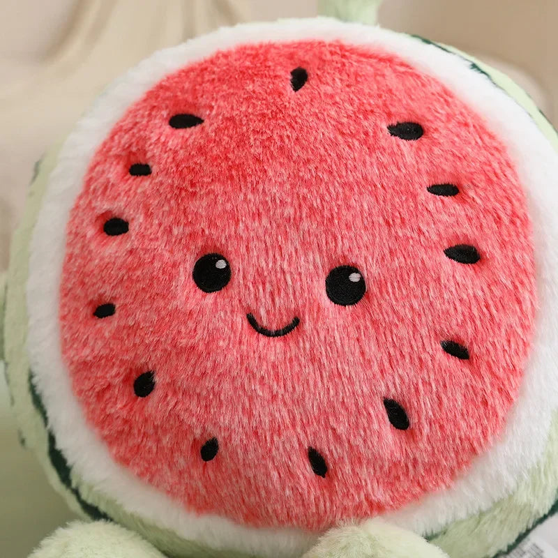 Kawaii plush toy shaped like a watermelon with a smiling face on a plain background