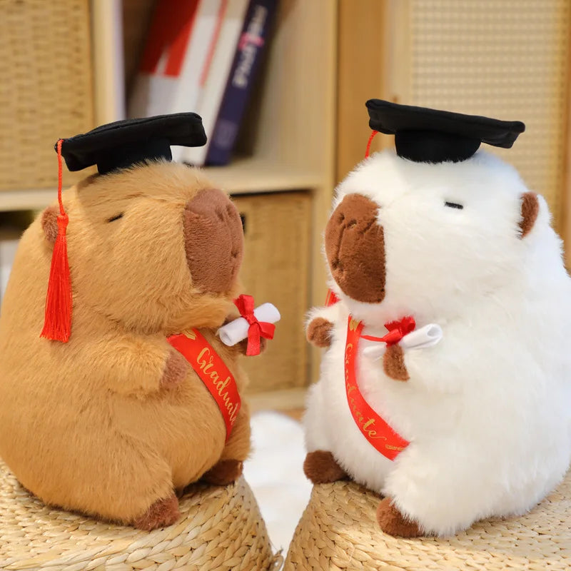 Two capybara plush toys, one brown and one white, wearing graduation caps and gowns on a woven surface.