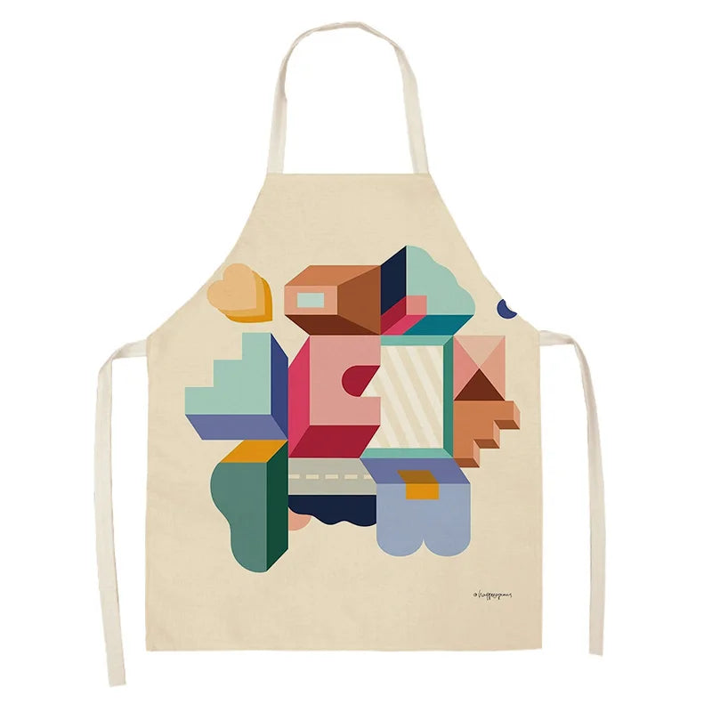 Beige kawaii apron with colorful geometric pattern on a white background
