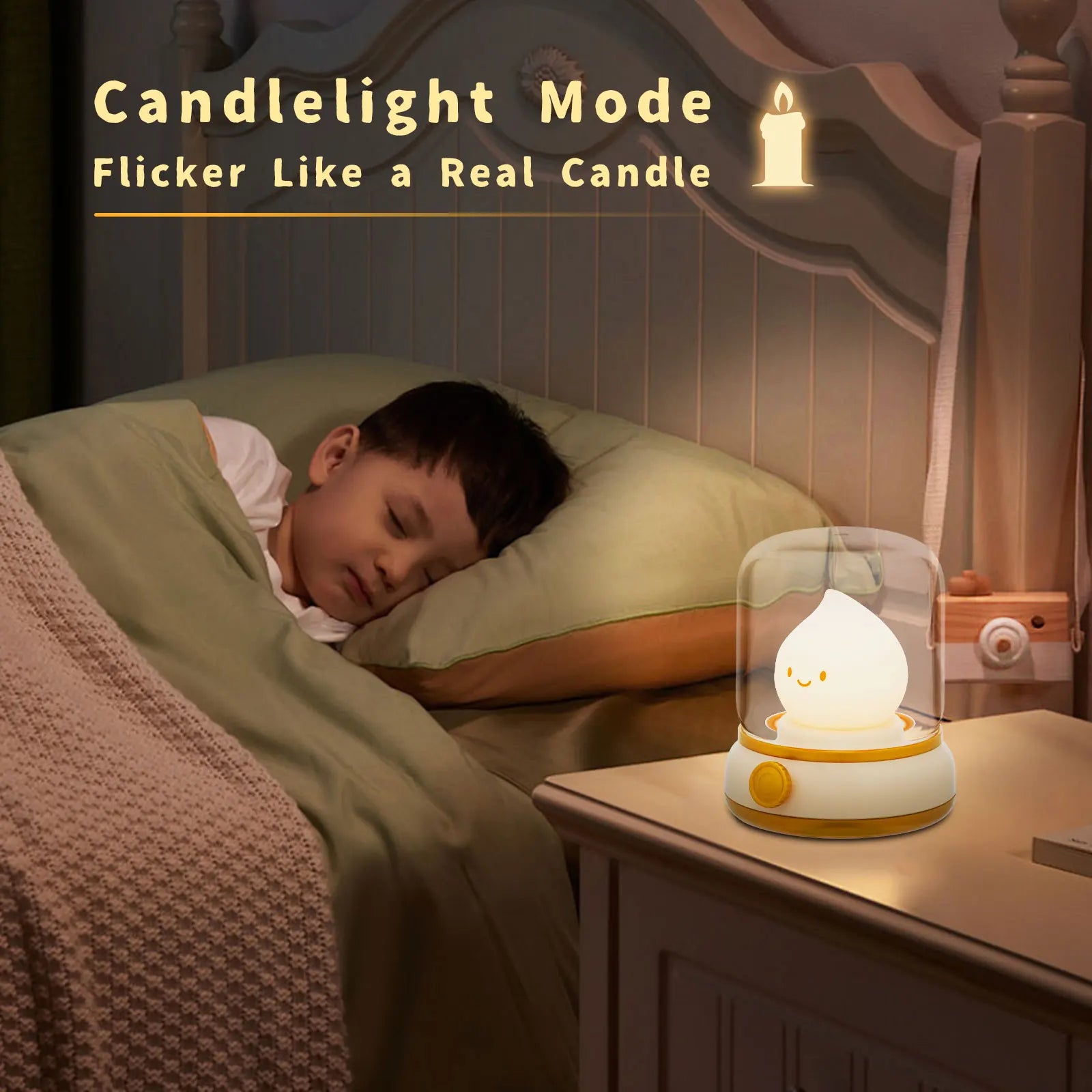 Child sleeping in bed with a kawaii night light resembling a candle on a bedside table.
