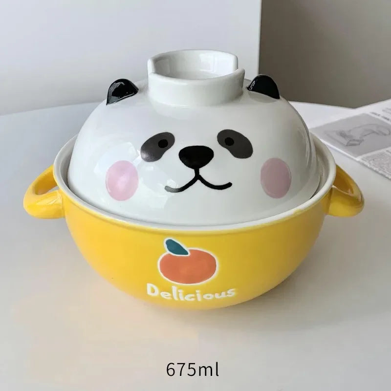 A panda bear themed yellow and white kawaii ramen bowl