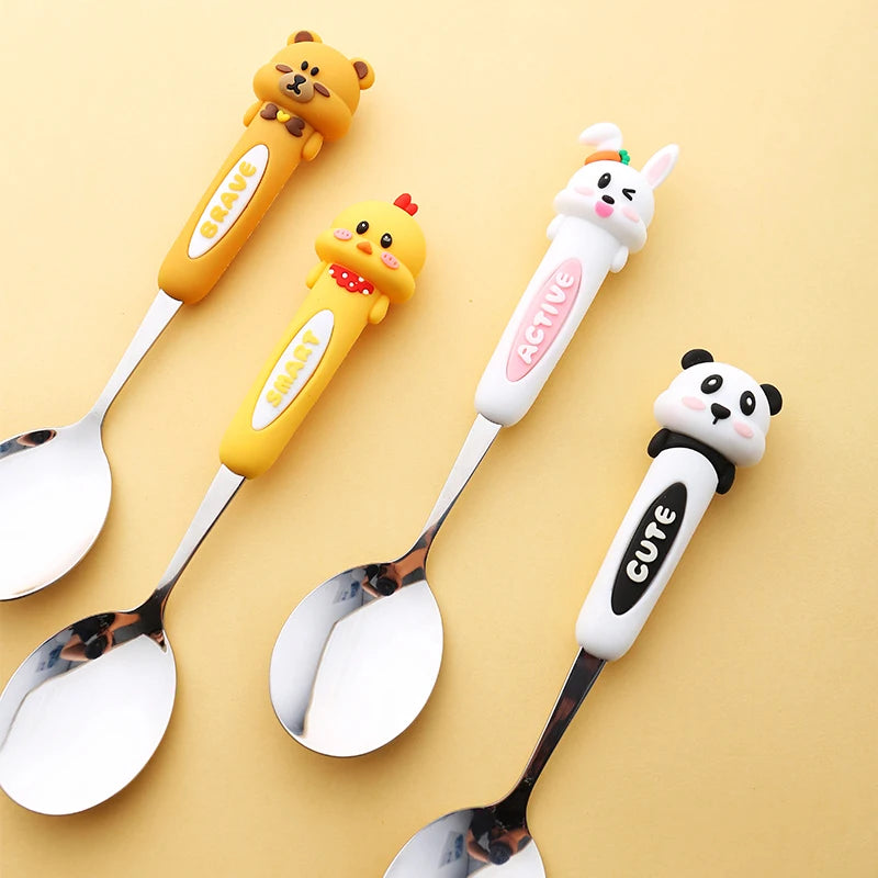 Four cartoon-themed kawaii spoons on a yellow background