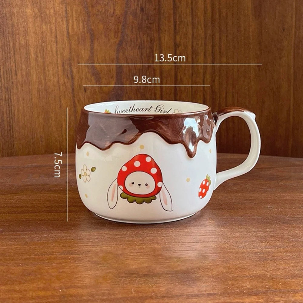 Ceramic kawaii ramen mug with cartoon design and measurements on a wooden surface