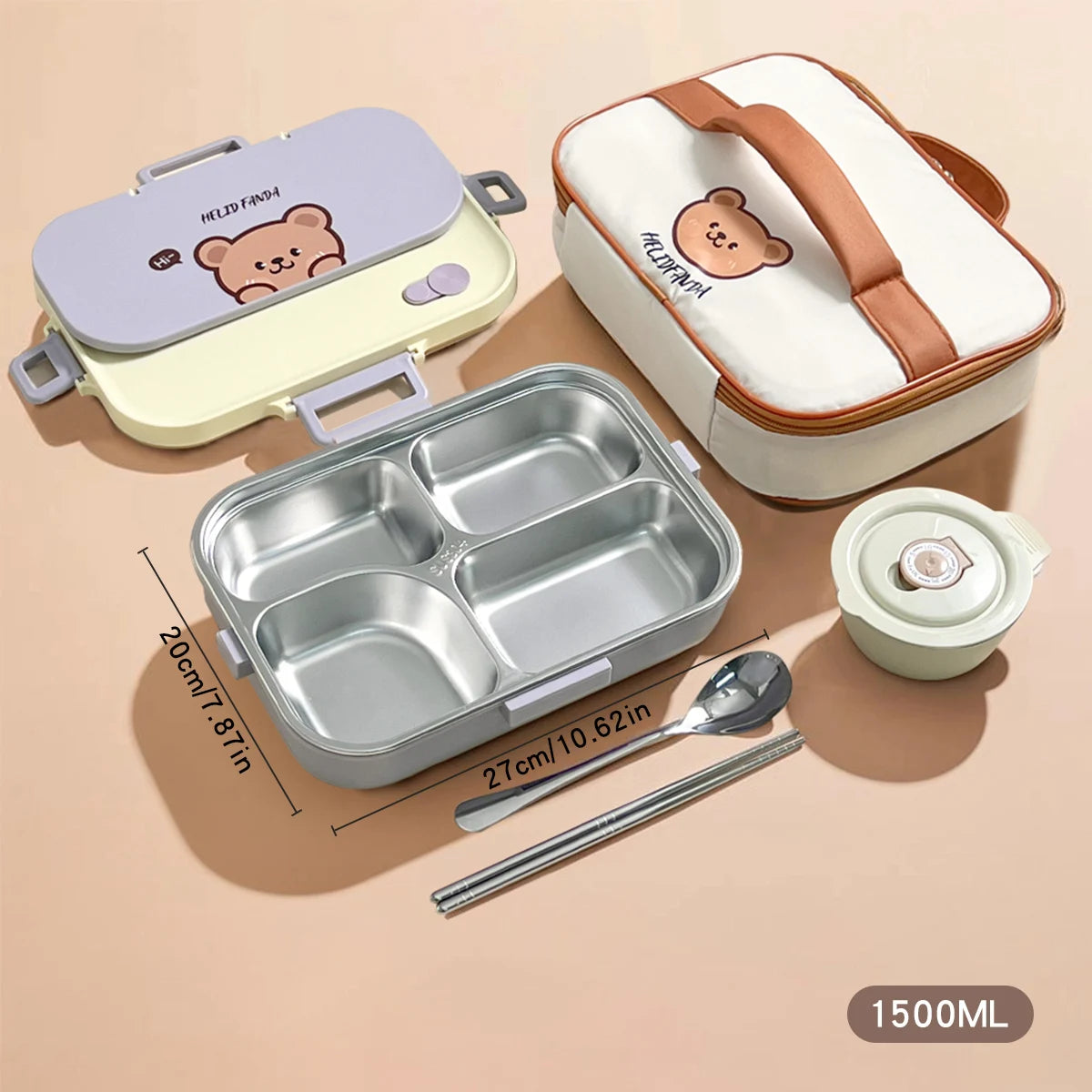 Lunch box set with kawaii bear design, including a compartmentalized container, lid, and spoon on a beige background.