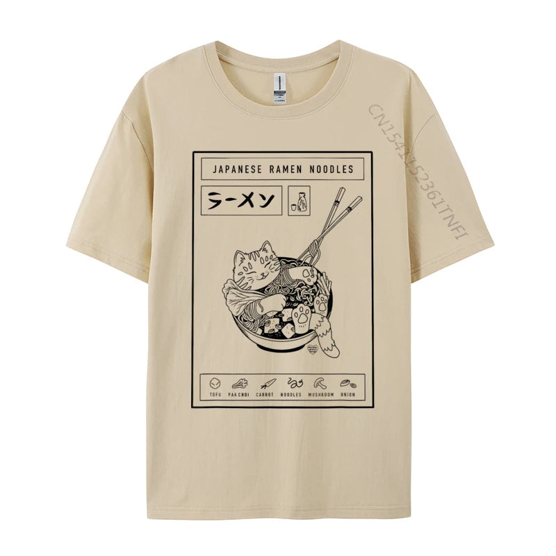 Beige t-shirt with a graphic design of a kawaii cat eating ramen noodles on a white background